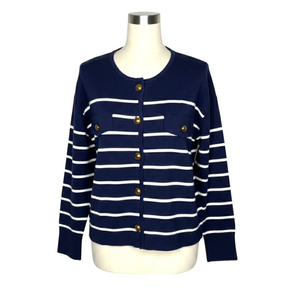 La Lavon Women's small Navy blue/white Button Down coastal Cardigan Sweater